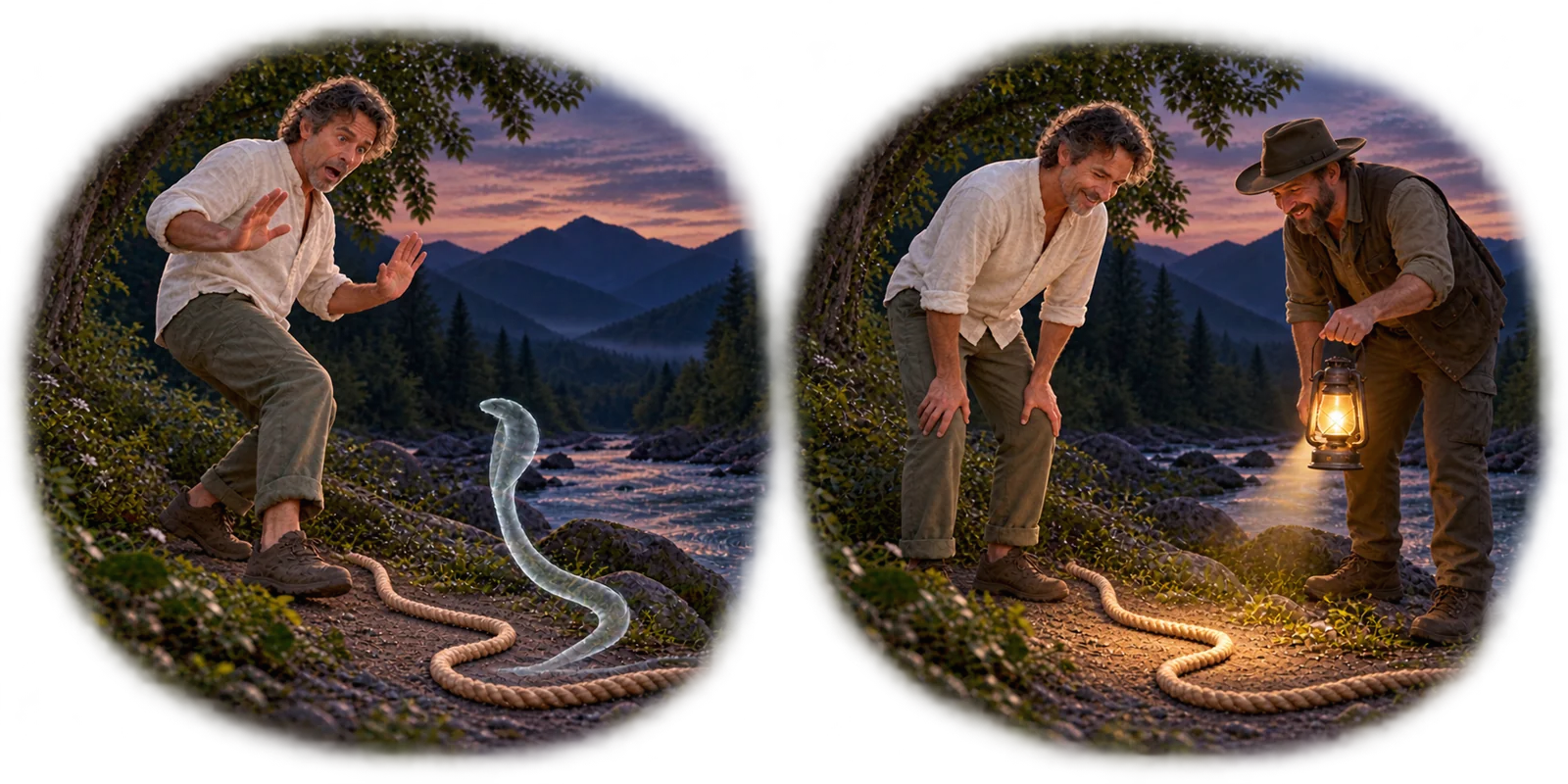 If You Are Already Whole, Why Practise? Two panels: a frightened man mistakes a rope for a snake at dusk; a second man’s lantern reveals the rope, and the first man smiles in relief.