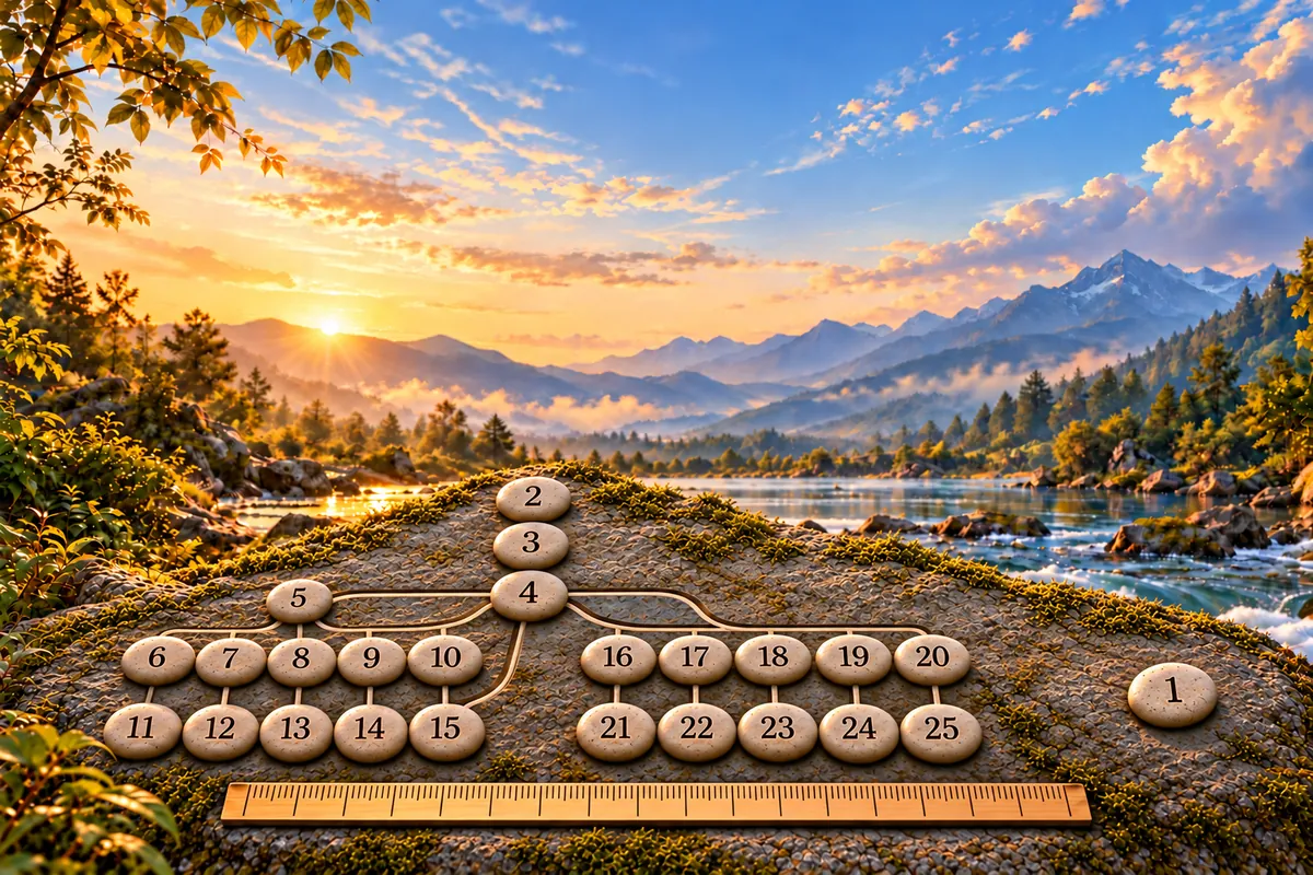 Twenty-five numbered stones beside a river, with Purusha as stone 1 separate on the right and Prakriti’s principles grouped on the left.