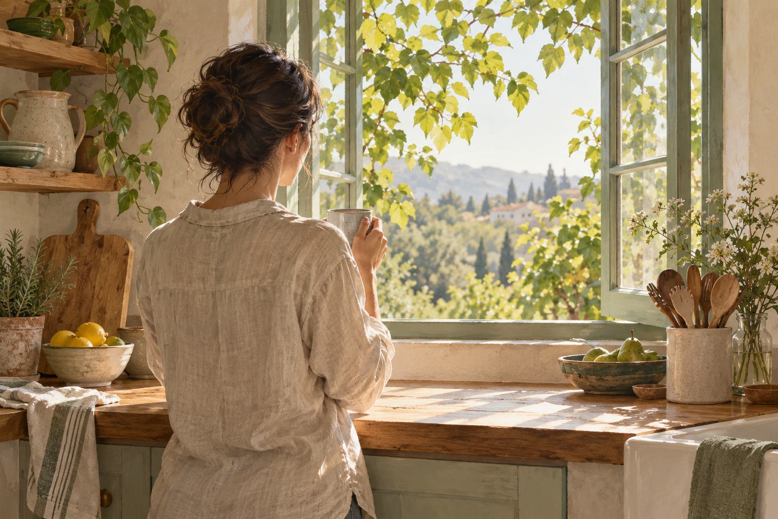 A person holding a cup beside an open kitchen window in warm morning light.