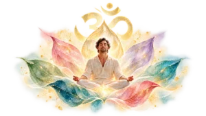 A meditating man, seven translucent lotus petals and a golden Om symbol.