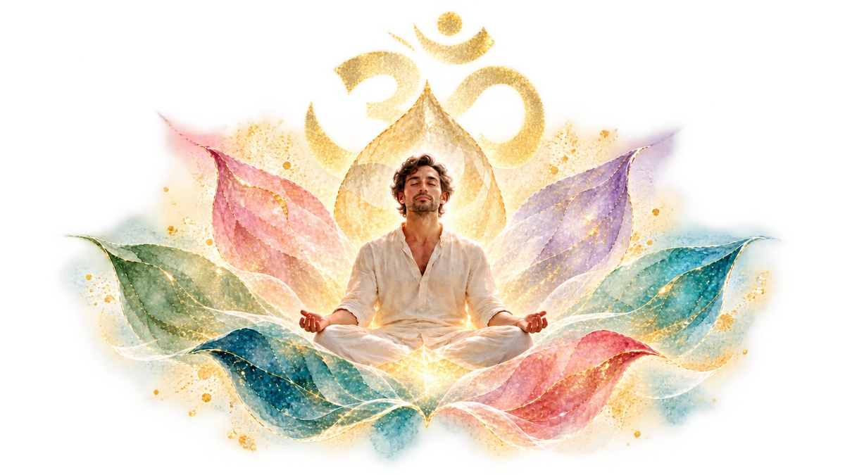 A meditating man within seven translucent lotus petals, with a golden Om symbol rising behind him. Select a petal to explore its BREATHE journey stage, or Om to read The Universe is Sounded Om. Select the seated man for Who Am I? — An Experiential Answer. The same links follow below.