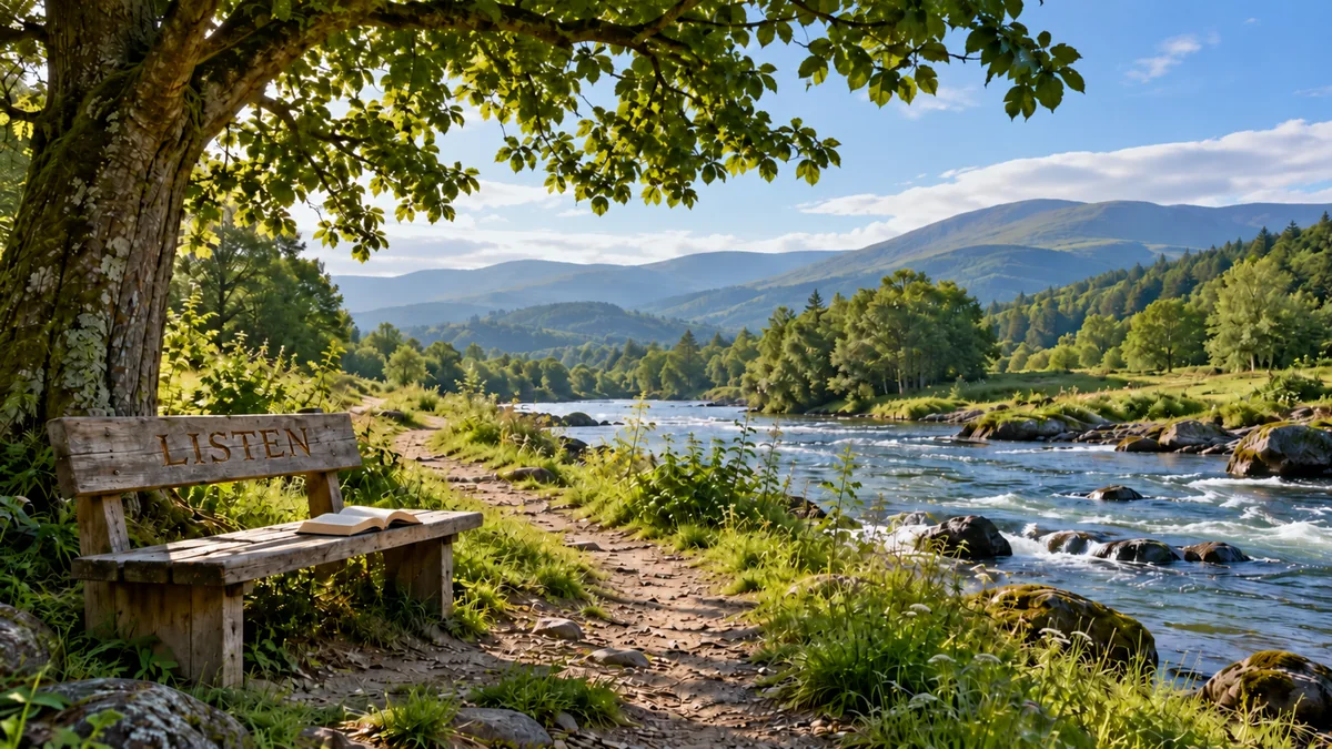 A riverside wooden bench with LISTEN hand-carved into its backrest, an open book on the seat, and a path beside flowing water.