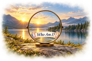A brass lens bearing Who Am I? reveals a sunlit mountain lake.