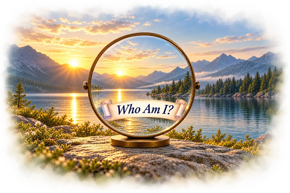 A single brass lens bearing the question Who Am I? looks onto a sunlit mountain lake, with the scene dissolving into soft edges.