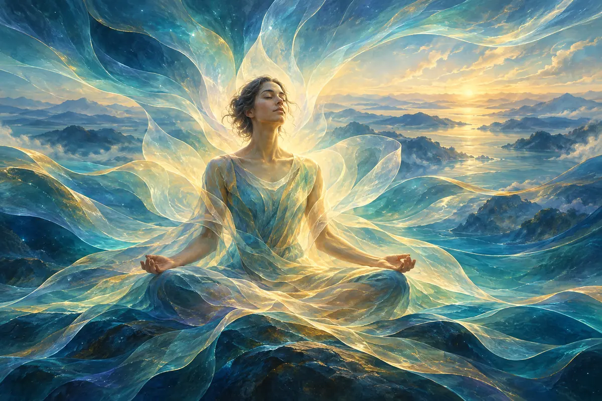 Patanjali’s Yoga Sutras: The First Four Sutras and Spiritual Awakening A seated human form opens gently like a flower into the surrounding space, illustrating Yoga as global Listening.