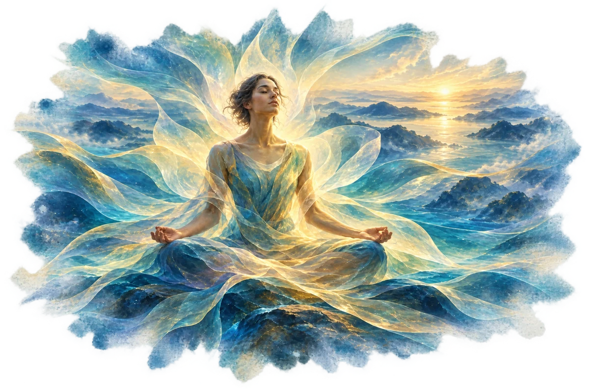 A woman meditates amid flowing blue and golden forms blending into a mountain landscape.